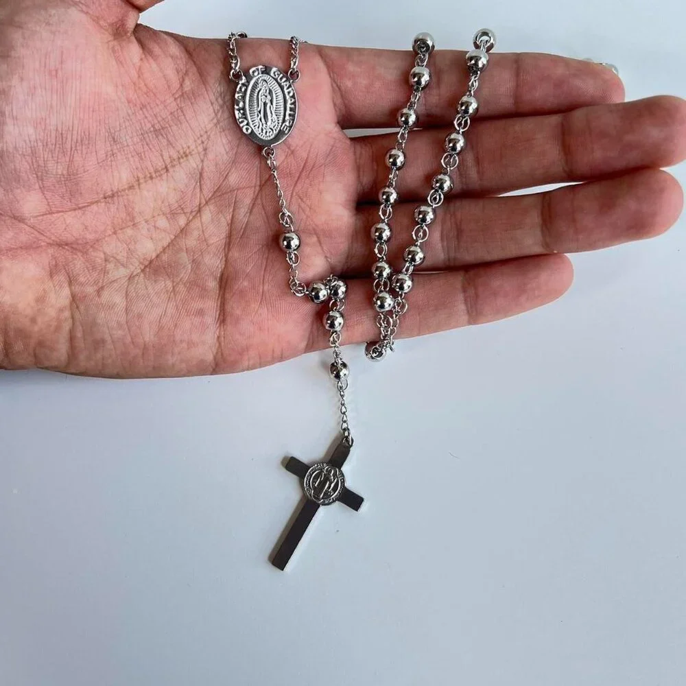 y2k 2000s chrome silver rosary bead necklace